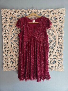 M by MNK Burgundy Sequin Babydoll Swing Dress XL